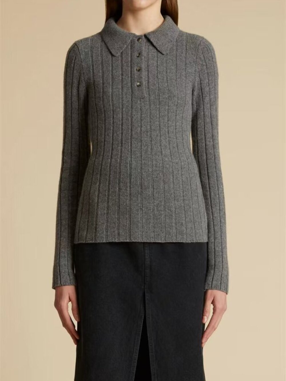 KHAITE Gray Ribbed Cashmere Blend Long Sleeve Polo Sweater